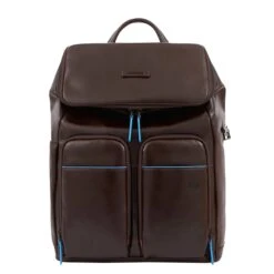 Piquadro Blue Square Backpack Two Front Pockets Brown
